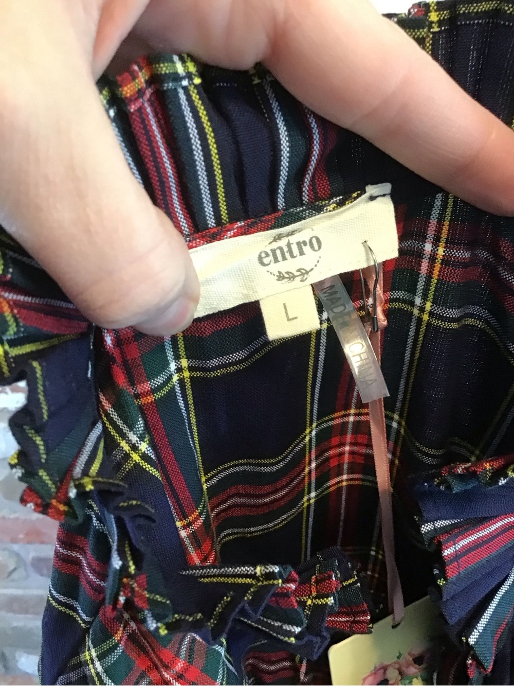 ENTRO Women's Navy Plaid Tartan Puff Sleeves Ruffle V-neck Mini Dress L NEW - Picture 6 of 8